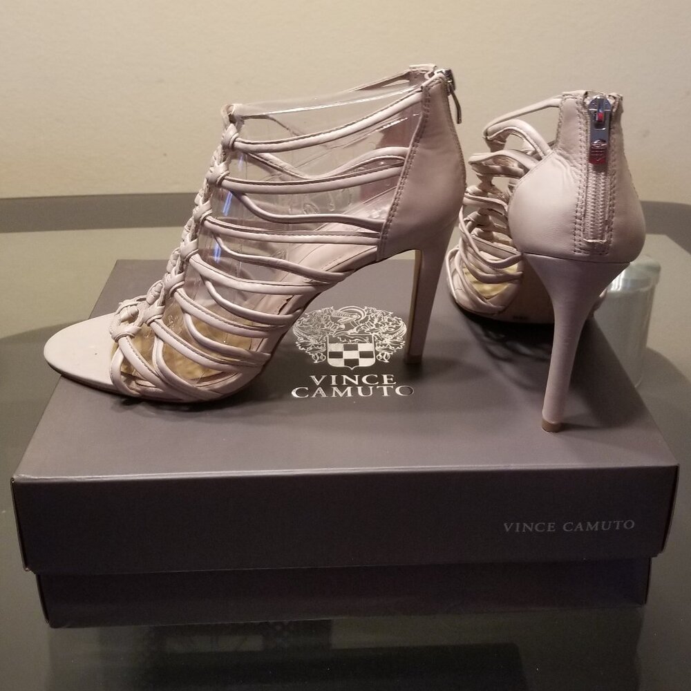 Vince Camuto Ombra Drizzle Grey Nappa Caged Peep Toe Stiletto Heel Size 10